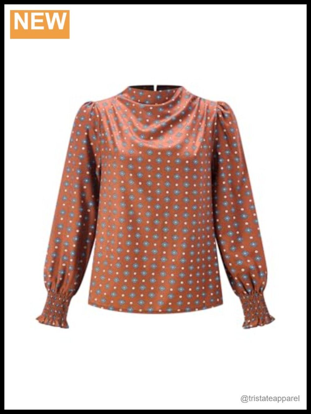 Women's Vintage Print Lantern Sleeve Ruched Mock Neck Blouse